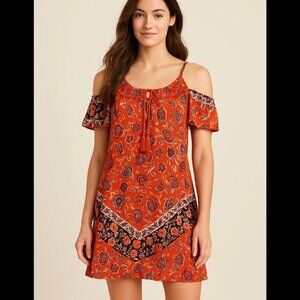 Xhilaration Boho Floral Cold Shoulder Mini Dress Tassel Tie Festival Vibes Sz XS